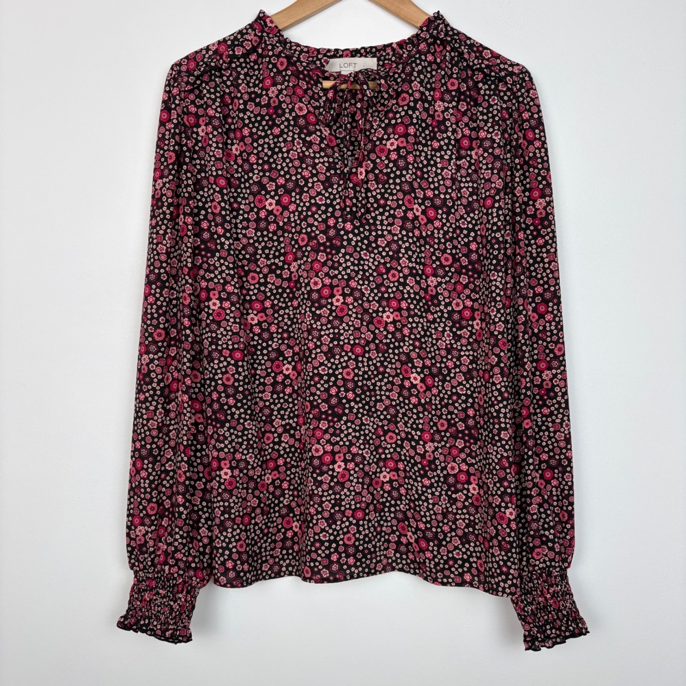 LOFT Womens Dark Floral Balloon Sleeve Top Size XL Tie Neck Smocked Cuffs Boho